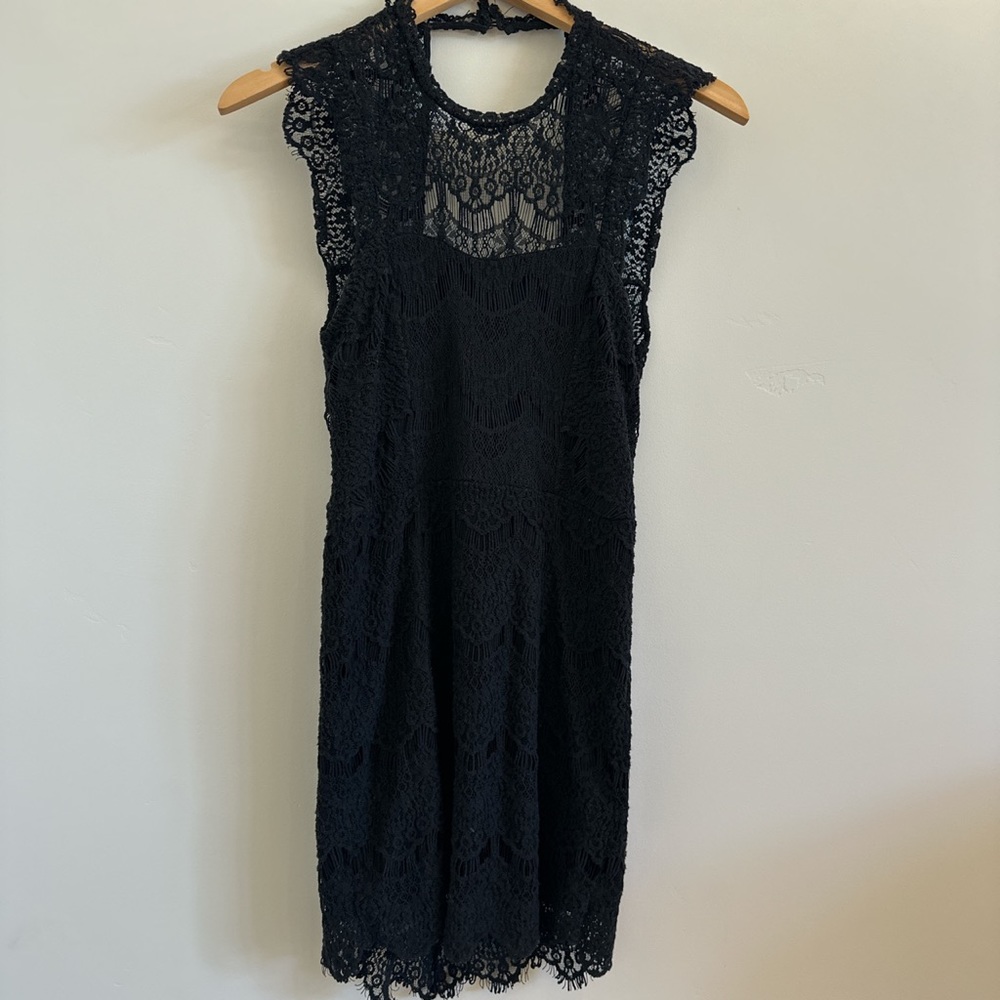 Free People Black High Neck Crochet Lace Open Back Mini Dress